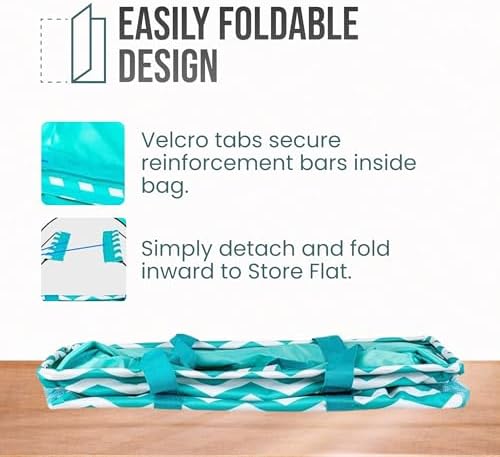 Extra Large Utility Tote Bag - Oversized Collapsible Reusable Wire Frame Rectangular Canvas Basket With Two Exterior Pockets For Beach, Pool, Laundry, Car Trunk, Storage - Chevron Teal - Image 6