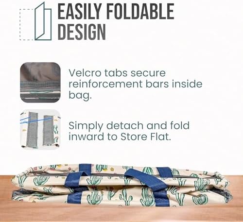 Extra Large Utility Tote Bag, Oversized Collapsible Reusable Wire Frame Rectangular Canvas Basket With Two Exterior Pockets For Beach, Pool, Laundry, Car Trunk, Storage - Cactus White - Image 6