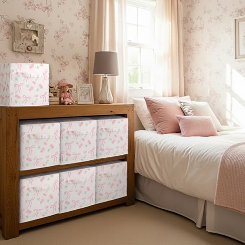Geelin 6 Pcs Pink Bow Cherry Cube Storage Bins 11 in Basket with Handle - Image 6
