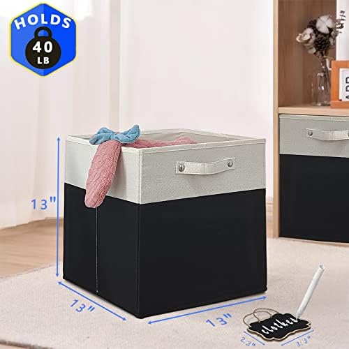 13x13x13 Inch Large Foldable Fabric Linen Cube Storage Bins【4-pack】, with Cotton Handles Closet Bins for Cabinet Shelves Home Organization and Storage bins(White&black) - Image 6