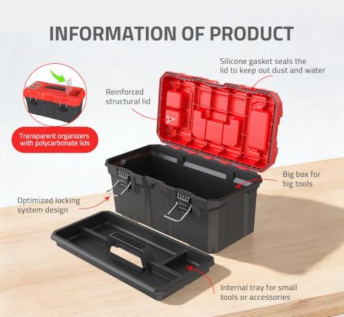 Tools Box, Deep Lockable Toolbox, 21.73 * 10.87 * 10.63" Durable Tool Boxes Storage, with Removable Inner Tray - Image 7