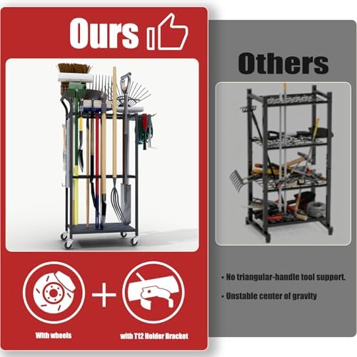 Faesun Garden Tool Organizer with Wheels, Rolling Yard Tool Rack with 14 Hooks & 5 Slots, 3-Tier Metal Cart Holds 50+ Rakes/Shovels/Brooms, Mobile Lawn Storage for Garage Shed Outdoor - Image 6