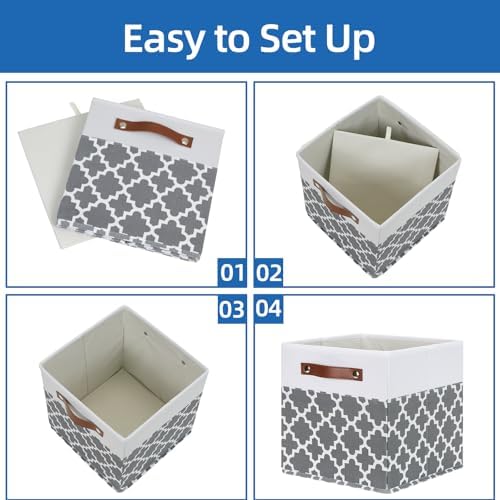 Temary 11x11x11 Cube Storage Bins Cube Organizer Bins 4 Pack Canvas Storage Bin for Home, Cube Storage Basket with Leather Handles(Grey Lattice) - Image 7