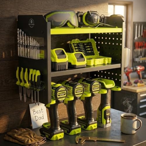 BUILTSTRONG Power Tool Organizer Wall Mount – 3-Tier Heavy-Duty Steel Rack, 4 Drill Slots, Pegboard + Utility Side, 100 lb Capacity – Garage, Workshop & Shed Storage (Green) - Image 6