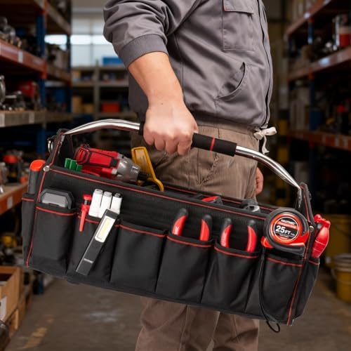 HAUTMEC 18" Foldable Tool Tote, Open Top Tool Bag with Removable Divider & Stiff Frame, 23-Pockets Electrician Tool Bag with Padded Steel Handle, Shoulder Strap & Water-Resistant Hard Base – HT0020 - Image 7