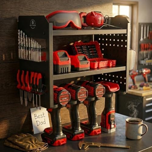 BUILTSTRONG Power Tool Organizer Wall Mount – 3-Tier Heavy-Duty Steel Rack, 4 Drill Slots, Pegboard + Utility Side, 100 lb Capacity – Garage, Workshop & Shed Storage (Black) - Image 6