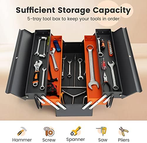 S AFSTAR 22" Tool Box, 3-Layer Metal Toolbox with 5 Trays, Full-Length Handles & Lock Hole Design, Portable Storage Toolbox Tool Organizer for Household Warehouse Repair Shop, Free Assembly - Image 7