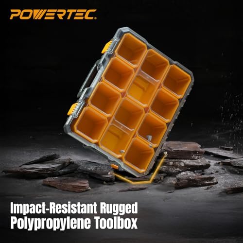 POWERTEC Small Parts Organizer & Tool Box – 10 Compartments, IP65 Water & Dust Protection, Stackable Storage with Interlocking Latch, Removable Tray, Clear Lid, Portable Design, 2-Pack (72365-P2) - Image 7