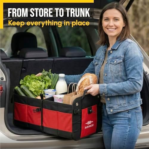 Car Trunk Organizer - Collapsible, Foldable - with Covering Net, Removable Dividers, Attachable Non-Slip Pads, Mounting Straps, and Stainless Hooks - for SUV, Truck, Sedan, Minivan, and Van - Red - Image 6