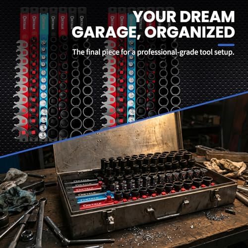 8PC Magnetic Socket Organizer Set, for 1/2″ 3/8″ 1/4″ Drive with 3 Black 3 Red 2 Blue Trays, 360° Swivel Removable Clips, Heavy Duty Aluminum Alloy Rail for Tool Box Drawer - Image 7
