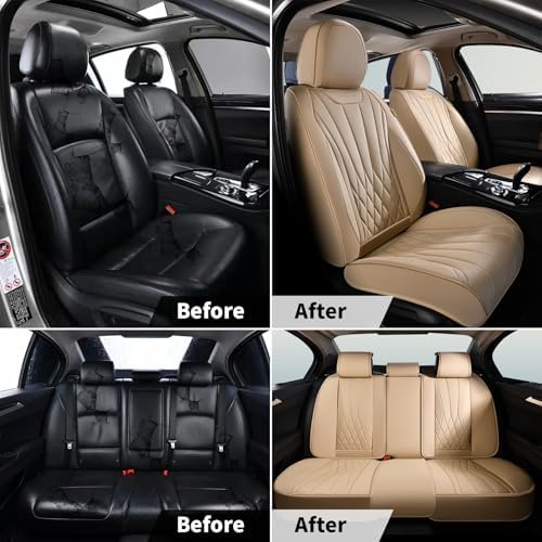 FLORICH Universal Seat Covers Full Set, 5 Seats Leather Seat Covers for Cars, Waterproof & Breathable Nappa Leather Car Seat Protector Fit for Most Cars - Beige - Image 7