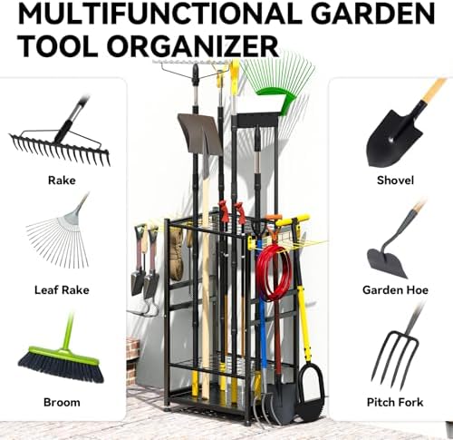 Garden Tool Organizer, Up 48 Long Handle Tool, Garage Storage and Organization with Side Hook for Broom/Rake/Shovel/T-Handle Tool, Heavy Duty Steel Outdoor Tool Rack,Yard Tool Stand for Shed - Image 6
