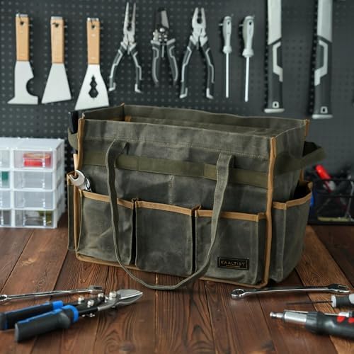 Tool Bag, Heavy Duty 16oz Waxed Canvas Garden Tool Organizer Tote with Reinforced Bottom, Large Capacity & 11 Slots, Dual Handles Tool Carrier for Gardening Carpentry DIY Tools | Army Green - Image 6