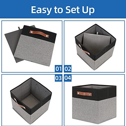 Temary 11 x 11 Cube Storage Bins Fabric Storage Cubes for Shelf, Closet, 4 Pack Cube Basket for Clothes, Storage Cube Bins with Leather Handles(Black&Grey) - Image 7