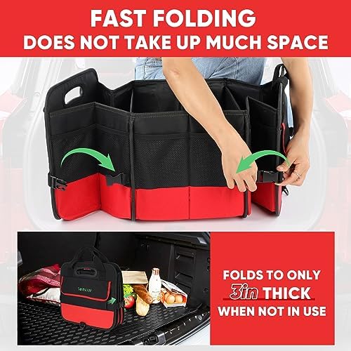 Simniam Large Trunk Organizer for Car, Foldable Multi Compartment Car Trunk Organizer with 2 Retractable Straps, Suitable for All Kinds of Cars, SUV, Minivan - 4 Compartments Red - Image 6