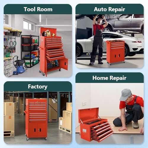 13-Drawer Rolling Tool Chest with Double Doors, 2 in 1 Detachable Rolling Tool Chests, Metal Standing Tool Cabinet with Lock, Large Toolbox for Garage Workshop, Gift for Christmas-Red - Image 7