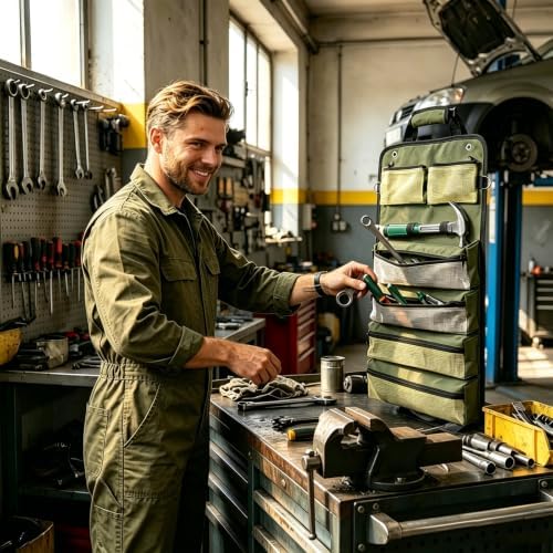 Heavy Duty Roll Up Tool Bag Organizer - 1680D Oxford, 23.6"x13", See-Through PVC Pockets, 12 Compartments for Mechanic, Electrician & Tradesperson - Image 7