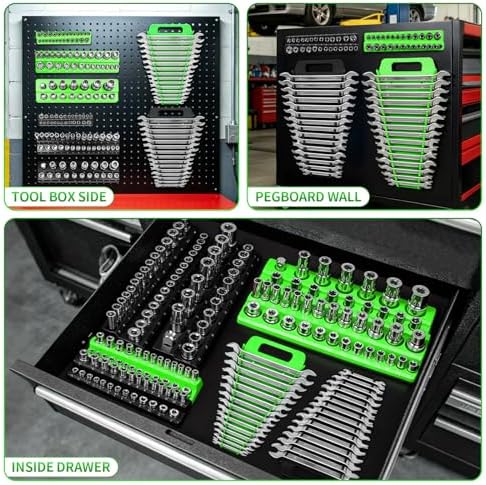 8 Piece Magnetic Socket Organizer Set, 1/4", 3/8", 1/2" Drive Metric and SAE Socket Holder Trays, Socket Organizer for Tool Box Drawer, Garage, Workbench and Mechanic Cart, Black and Green - Image 7