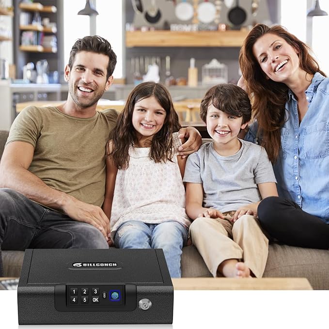 Gun Safe,Biometric Gun Safe for Pistols 3-Ways unlock Fingerprint Digital PIN Key Unlock with Sound, Lock box for Cloakroom living room Bedroom Nightstand and Car BILLCONCH