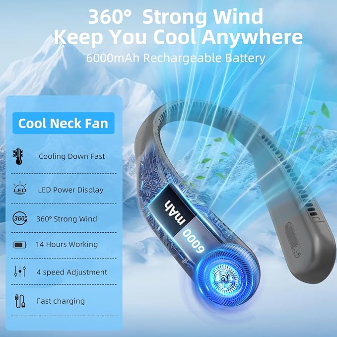 Portable Neck Fan,Hands Free Personal Wearable Bladeless Fan,6000mAh USB Rechargeable,360° Cooling,LED Display,4-Speeds,Birthday Gifts for Men Women Dad Mom,Valentines Day Gifts (Dark grey)