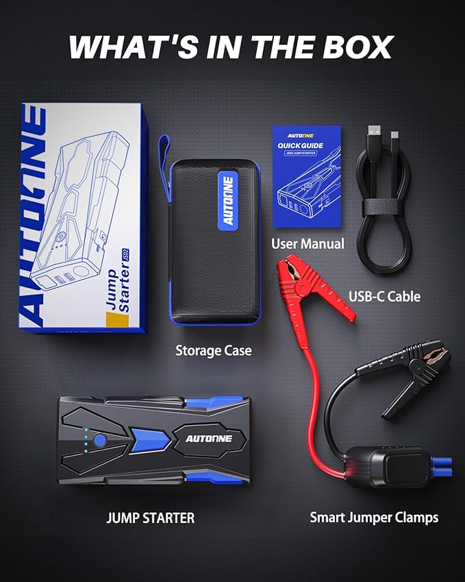 AUTOONE 6000A Car Battery Jump Starter Up to All Gas & 12L Diesel Engine, Car Battery Jumper Starter Portable 12V Jump Box with USB Output, Storage Case, LED Flashlight