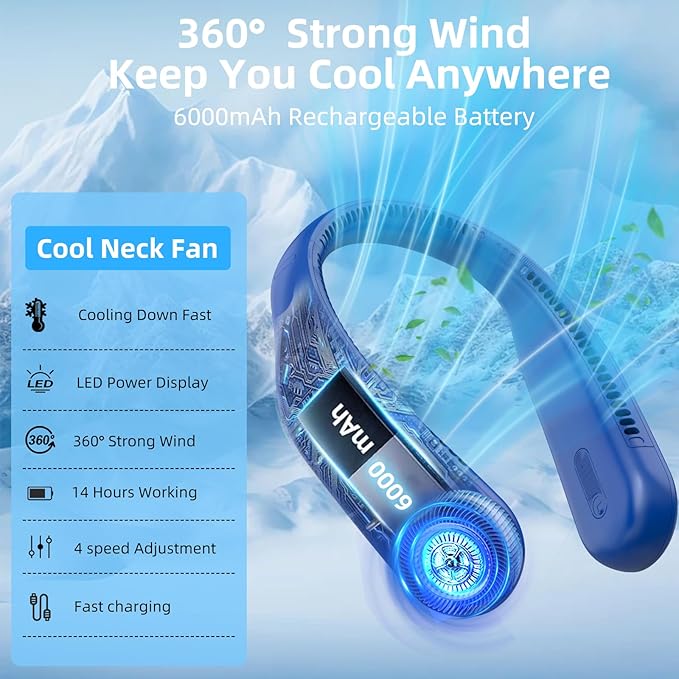 Portable Neck Fan,Hands Free Personal Wearable Bladeless Fan,6000mAh USB Rechargeable,360° Cooling,LED Display,4-Speeds,Birthday Gifts for Men Women Dad Mom,Valentines Day Gifts for Her Him (Navy)