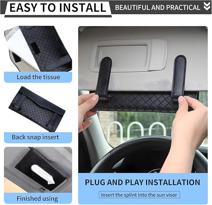 Car Tissue Holder with Ultra Soft Lotion Facial Tissues - Slim Visor Mount for Cars/Trucks/SUVs, Kleenex-Compatible Napkin Organizer (Ergonomic Design, Easy Installation)