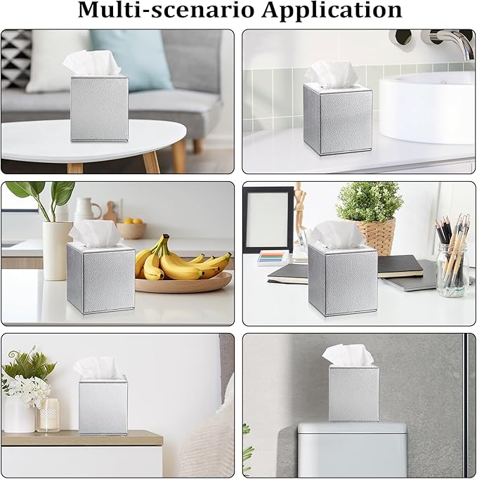 Sumnacon Tissue Box Cover Square Tissue Box Stylish PU Tissue Box Holder with Magnetic Bottom, Leather Cube Tissue Cover for Living Room Bathroom Bedroom Table Desk Home Office Car, Silver