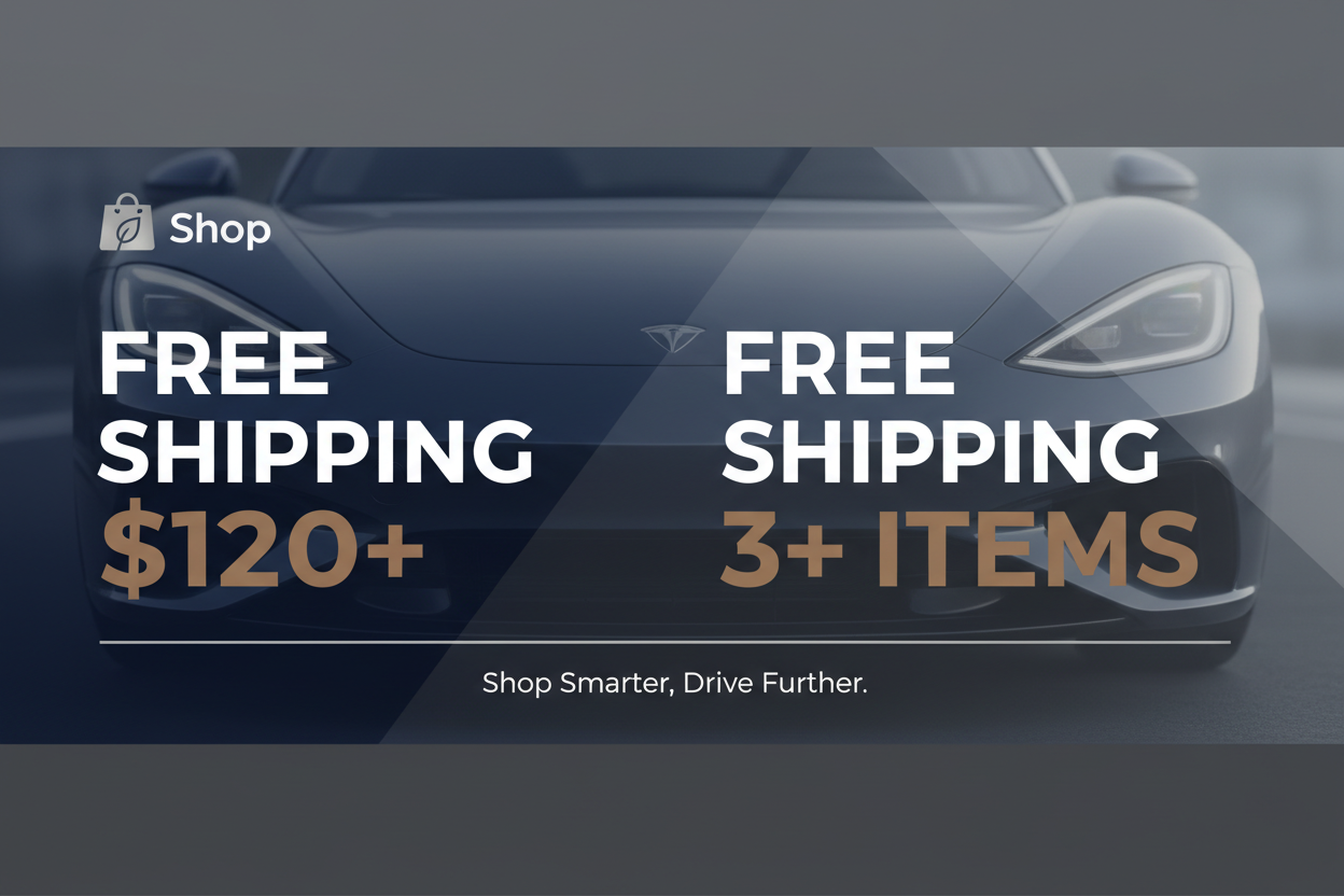 Premium automotive accessories collection featuring dual free shipping promotions: free delivery on orders over $120 or when purchasing 3 or more items