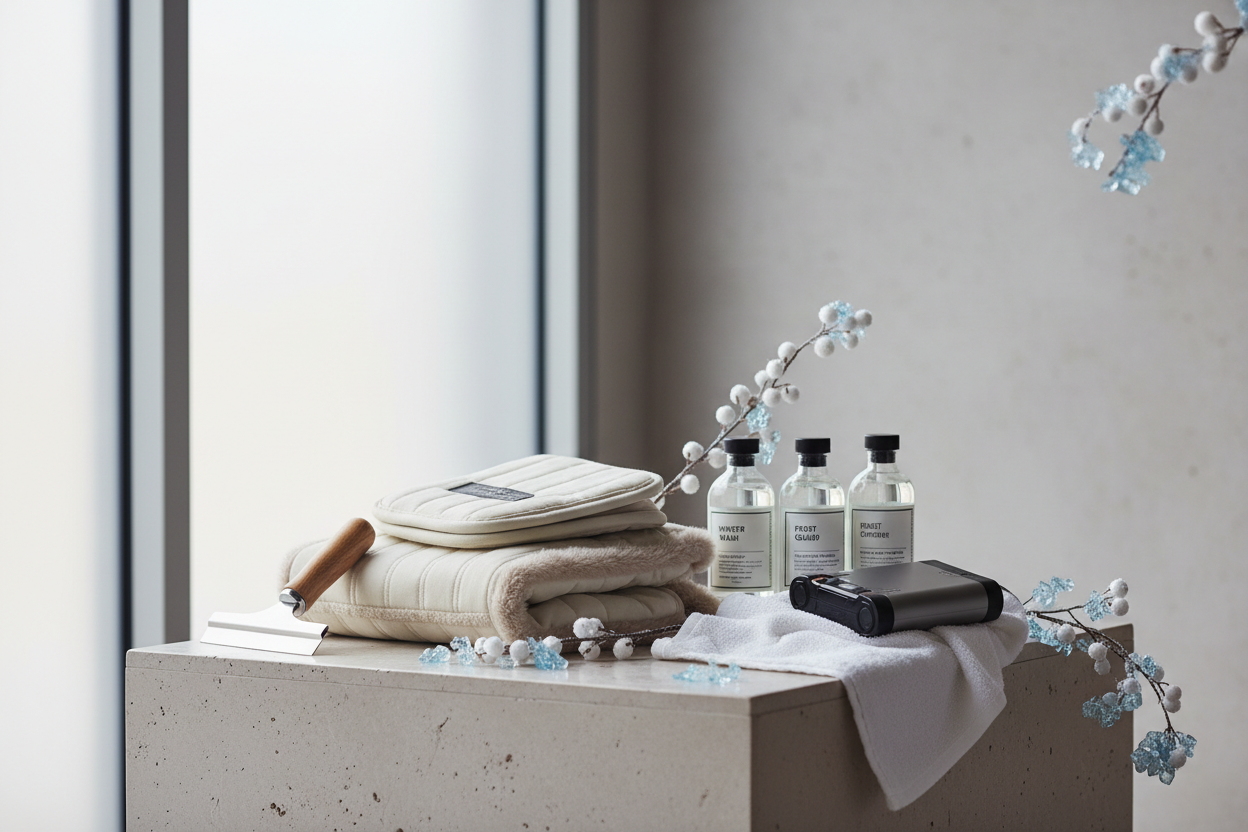 Premium winter car accessories - heated seat covers, ice scrapers, winter care essentials for cold weather driving