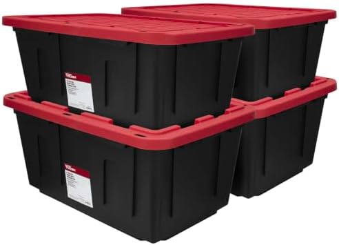 27 Gallon Heavy-Duty Plastic Storage Bin, Black and Red, Pack of 4 by Unknown