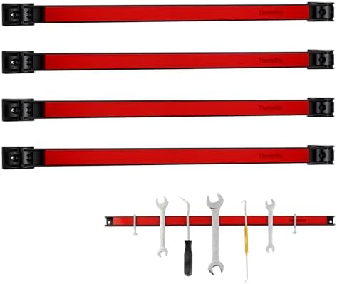 18" Magnetic Tool Holder Strip, 4 Pieces Red Metal Tool Organizer Rack with Stainless Steel Surface, Magnet Bar for Garage Workshop, Easy To Install with Mounting Screws by Themethla