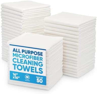 Microfiber Wholesale White Microfiber Cleaning Cloths, 50 Pack 16x16 – Absorbent All-Purpose Kitchen & Household Towels – Reusable, Machine-Washable Wash Cloths for Glass, Counters, Bath & Cleaning by MicrofiberWholesale