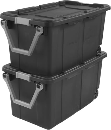 Sufeasdf Wheeled Industrial Tote 40 Gallon/151 Liter Black Lid & Base w/Racer Red Handle & Latches by K%26J+CHIPMUNK