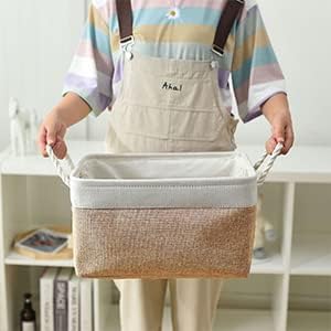 Fabric Storage Baskets - Rectangular Baskets for Organizing Fabric, Shelves & Decorative Use (White & Khaki) - Image 6