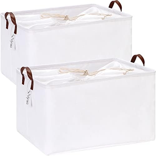 Hinwo 2-Pack Extra Large Canvas Fabric Storage Baskets with Handles, 70L Oversized Storage Bins, Collapsible Storage Box, Clothes, Toys, Blankets Organizers, 22 x 15 x 13 inches, (White) by Hinwo