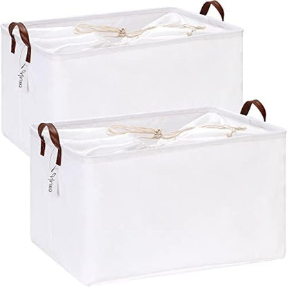 Hinwo 2-Pack Extra Large Canvas Fabric Storage Baskets with Handles, 70L Oversized Storage Bins, Collapsible Storage Box, Clothes, Toys, Blankets Organizers, 22 x 15 x 13 inches, (White) by Hinwo