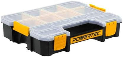 POWERTEC Small Parts Organizer & Tool Box – 14 Compartments, Stackable Storage with Interlocking Latch, Removable Dividers, Clear Lid, Portable Design (72364) by POWERTEC