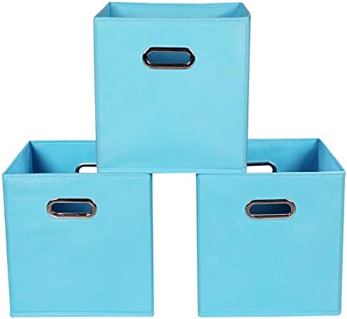 Yunkeeeper storage bins Cubes, Fabric Cube Organizer with Handle, Foldable Cube Bins for Cloth or Accessary Storage, 11x11x11, Set of 3, (Blue) by Yunkeeper