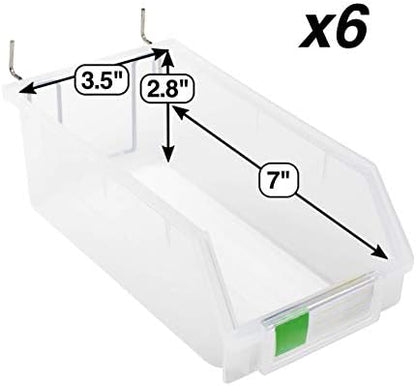 Pegboard Bins – 6 Pack Clear Extra Large - Hooks to Any Peg Board - Organize Hardware, Accessories, Attachments, Workbench, Garage Storage, Craft Room, Tool Shed, Hobby Supplies, Parts - Image 2