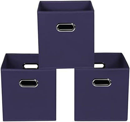 Navy Blue Fabric Storage Bins, Set of 3, 11x11x11, Foldable Cube Bins for Cloth or Accessory Storage by Yunkeeper