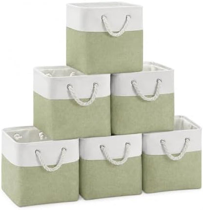 11x11 Inch Cube Storage Bins, 6 Pack Collapsible Fabric Storage Cubes with Rope Handles, Waterproof Foldable Storage Baskets for Cube Shelves, Closet, Clothes, Toys, Books, White & Green by MSHABOOR
