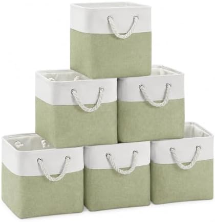 11x11 Inch Cube Storage Bins, 6 Pack Collapsible Fabric Storage Cubes with Rope Handles, Waterproof Foldable Storage Baskets for Cube Shelves, Closet, Clothes, Toys, Books, White & Green by MSHABOOR