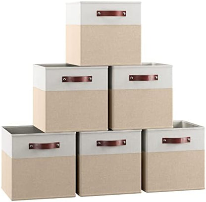 Ornavo Home 13x13 Foldable Fabric Storage Cube Bins, 6 Pack, White/Khaki by OrnavoHome