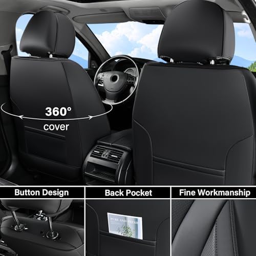 Coverado Waterproof Nappa Leather Car Seat Covers Full Set, 5-Seat Car Seat Protector, Front & Rear Cushions Fit for Most Sedans, SUVs,Trucks，Black - Image 3