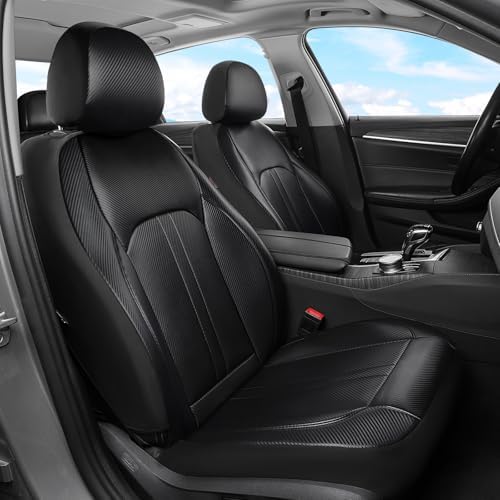 Coverado Leather Car Seat Covers Full Set & Carbon Fiber, Waterproof and Durable All Weather Protector, Universal Fit for SUV, Pickup Truck, Sedan, Automotive Vehicle Interior, Black - Image 2