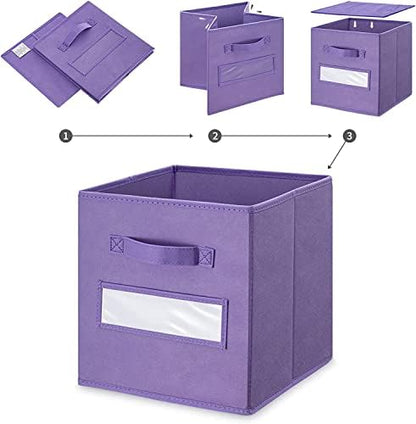 13x13x13 storage cube bins(Set of 8) Fabric storage cubes with 8 Labels Window Cards & a Pen, storage cubes 13x13, Collapsible 13 inch cube storage bins, Cubby Organizer Boxes, Purple - Image 4