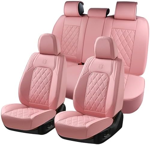 Coverado Car Seat Covers Full Set, Pink Leather Seat Covers for Cars, Universal Waterproof Car Seat Cover, Luxury Front and Back Car Seat Protector, Automotive Seat Covers Fit for Most Cars, Pink by COVERADOAUTO