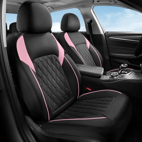 Coverado Leather Seat Covers, Waterproof Car Seat Covers Front Seats, Luxury Front Car Seat Covers Faux Leather Car Seat Protector, Automotive Car Seat Covers Universal Fit Most Cars Truck, Black&Pink by COVERADOAUTO