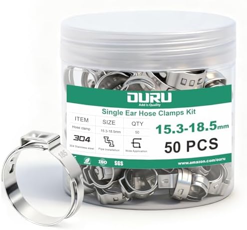 OURU 15.3-18.5mm Single Ear Hose Clamps, 50PCS, 304 Stainless Steel by OURU